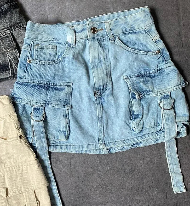 Multi Pocket Y2k Skirt Mini A Line Women Denim Skirts Streetwear-Denim Skirts-Arimonz-Arimonz