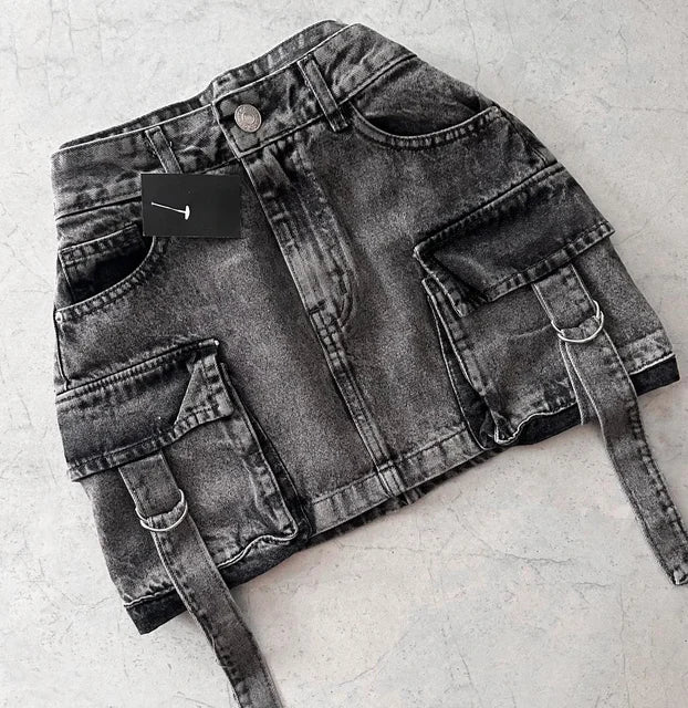 Multi Pocket Y2k Skirt Mini A Line Women Denim Skirts Streetwear-Denim Skirts-Arimonz-Black-S-Arimonz