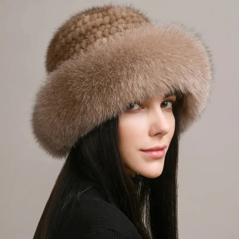 Natural Knitted Mink Fur Hat Cap Women Handmade Knit Headwear Beanies-Winter Hats-Arimonz-Arimonz