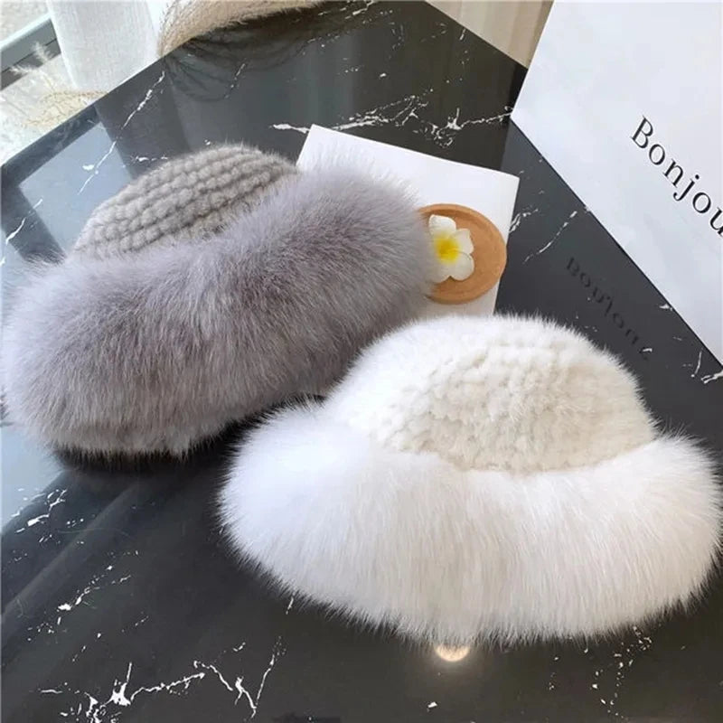 Natural Knitted Mink Fur Hat Cap Women Handmade Knit Headwear Beanies-Winter Hats-Arimonz-Arimonz