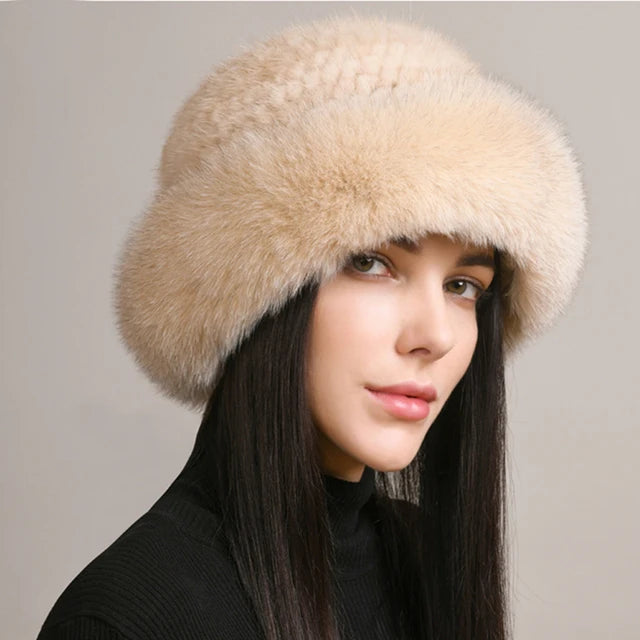Natural Knitted Mink Fur Hat Cap Women Handmade Knit Headwear Beanies-Winter Hats-Arimonz-beige-Arimonz