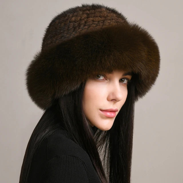 Natural Knitted Mink Fur Hat Cap Women Handmade Knit Headwear Beanies-Winter Hats-Arimonz-brown-Arimonz