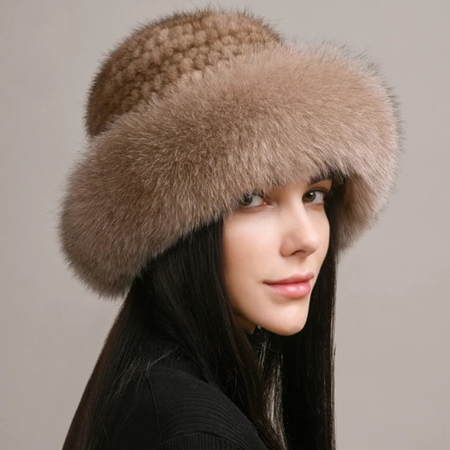 Natural Knitted Mink Fur Hat Cap Women Handmade Knit Headwear Beanies-Winter Hats-Arimonz-light brown-Arimonz