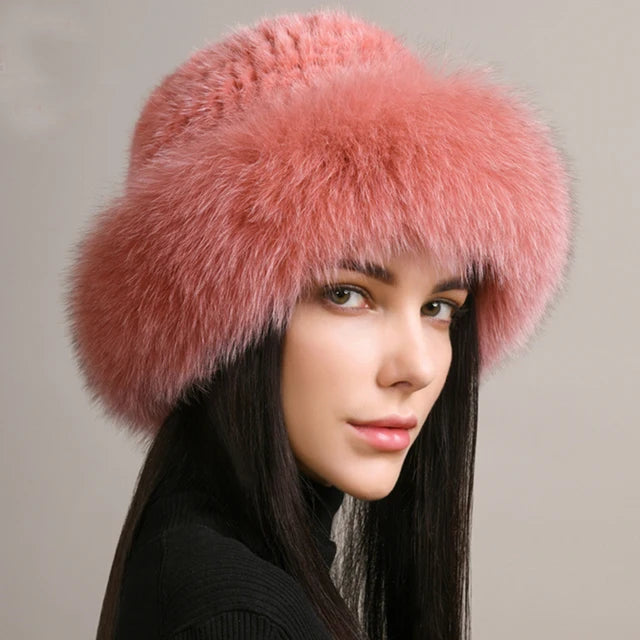 Natural Knitted Mink Fur Hat Cap Women Handmade Knit Headwear Beanies-Winter Hats-Arimonz-pink-Arimonz