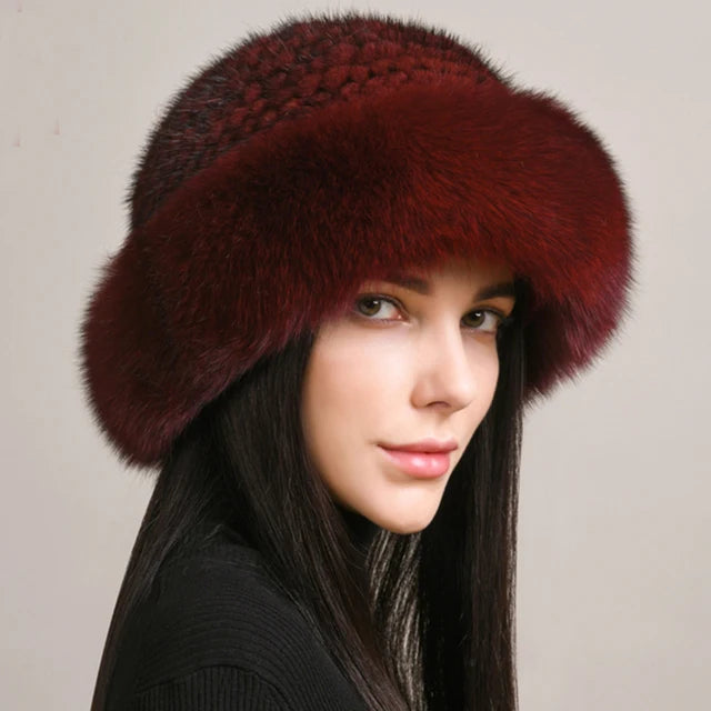Natural Knitted Mink Fur Hat Cap Women Handmade Knit Headwear Beanies-Winter Hats-Arimonz-wine red-Arimonz