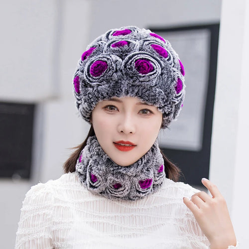 Natural Rex Rabbit Fur Hat and Scarf Set Winter Knitted Fashion Hat-Winter Hats-Arimonz-Arimonz