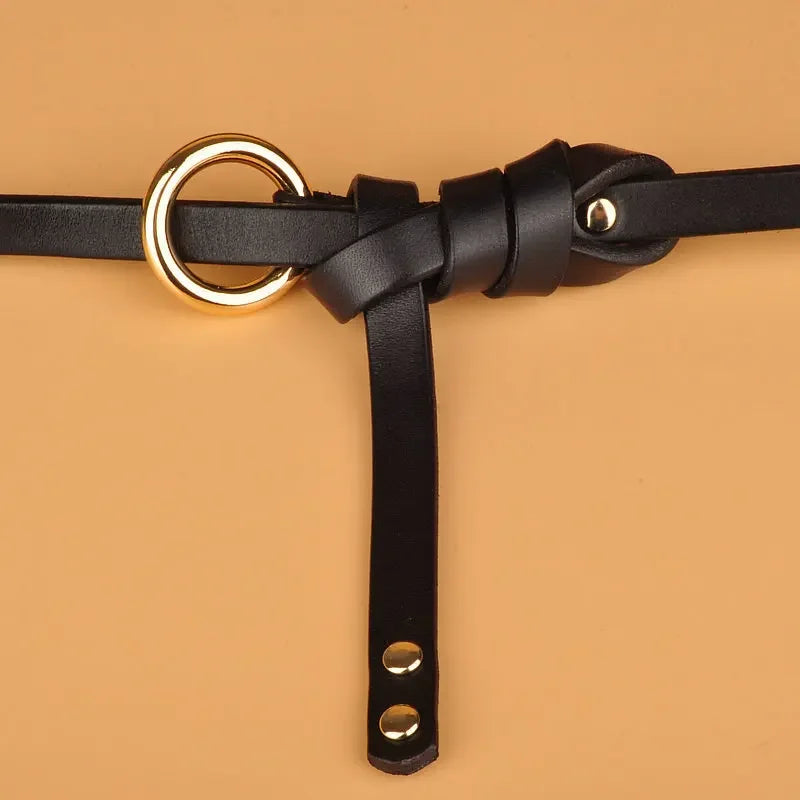 No Hole Knot Belt Women’s Genuine Cowskin Leather with Circular Buckle-Belts-Arimonz-Arimonz