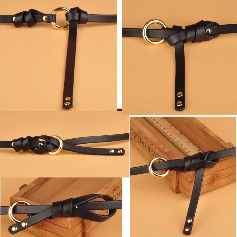 No Hole Knot Belt Women’s Genuine Cowskin Leather with Circular Buckle-Belts-Arimonz-Arimonz
