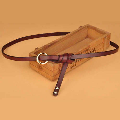 No Hole Knot Belt Women’s Genuine Cowskin Leather with Circular Buckle-Belts-Arimonz-Coffee-100cm/39in-Arimonz