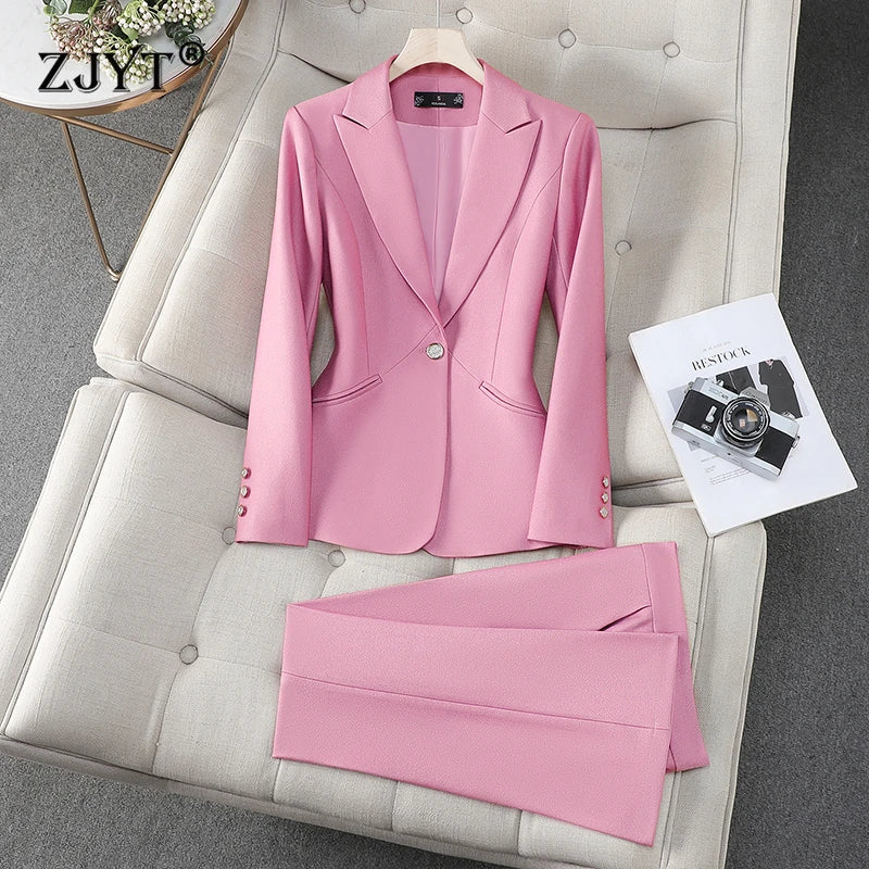 Office Lady Formal Business Blazer Pants Set Two Piece Matching Set-Wear To Work Sets-Arimonz-Pink-S-Arimonz