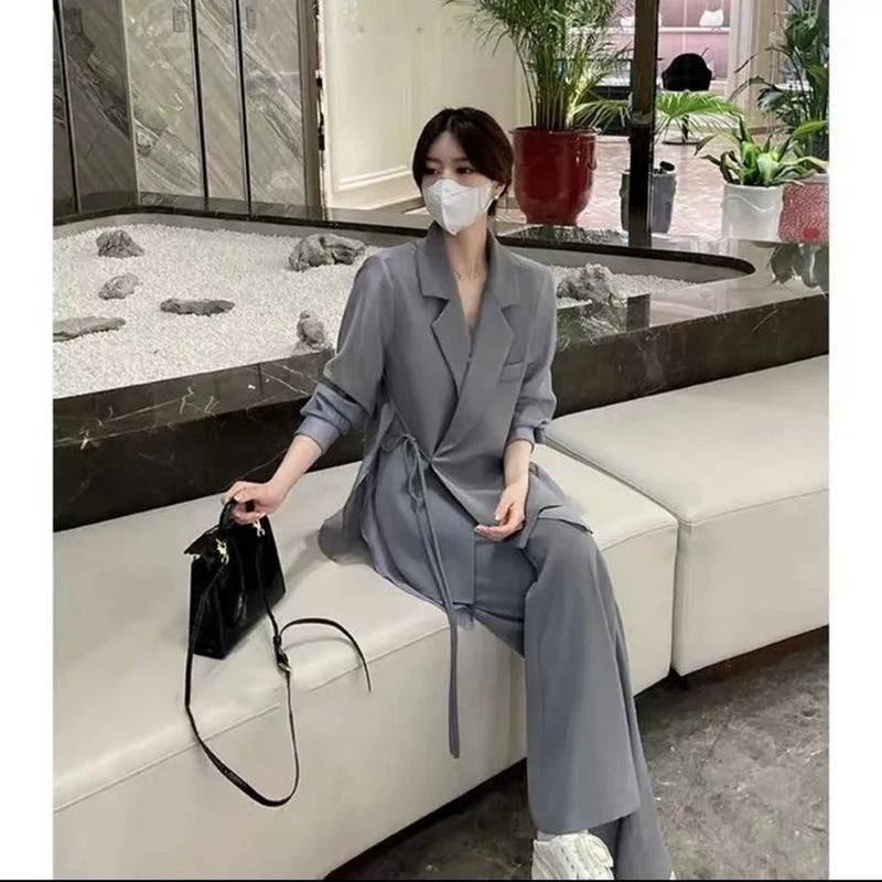 Office Siren Patchwork Tulle Loose Fit Lace Up Outwear Wide Leg Pants-Wear To Work Sets-Arimonz-Arimonz
