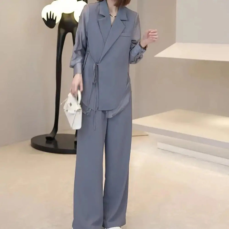 Office Siren Patchwork Tulle Loose Fit Lace Up Outwear Wide Leg Pants-Wear To Work Sets-Arimonz-Arimonz