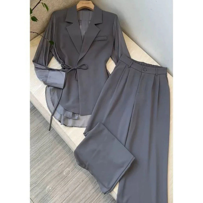Office Siren Patchwork Tulle Loose Fit Lace Up Outwear Wide Leg Pants-Wear To Work Sets-Arimonz-Arimonz