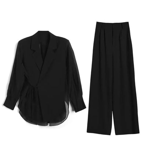 Office Siren Patchwork Tulle Loose Fit Lace Up Outwear Wide Leg Pants-Wear To Work Sets-Arimonz-Black-S-Arimonz