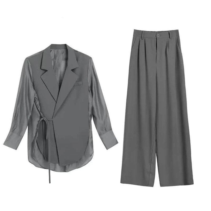 Office Siren Patchwork Tulle Loose Fit Lace Up Outwear Wide Leg Pants-Wear To Work Sets-Arimonz-Gray-S-Arimonz