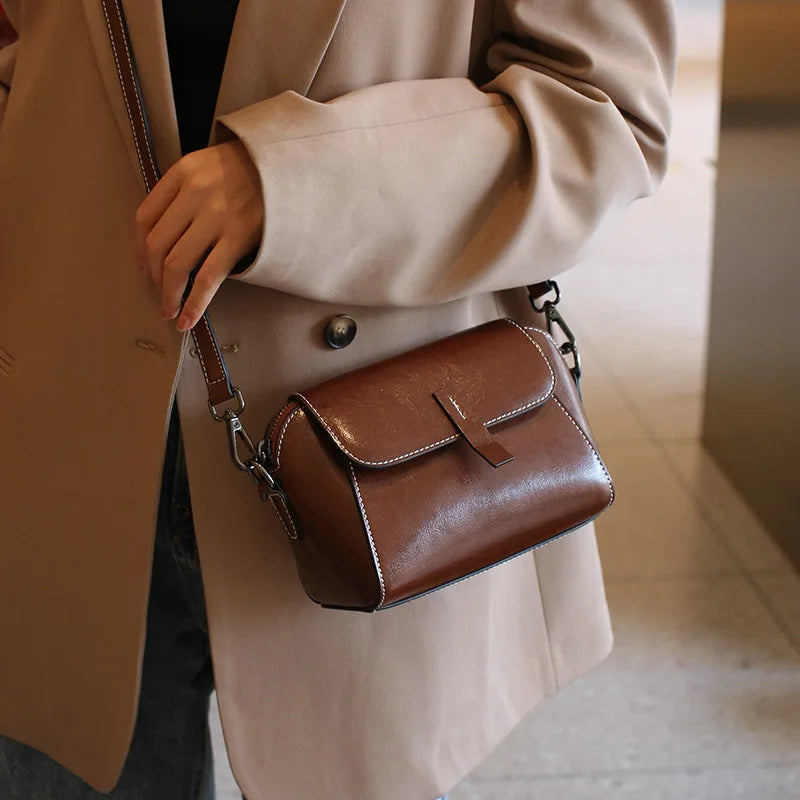 Oil Wax Cowhide Leather Cross Body Versatile Shoulder Shell Hand Bag-Handbags-Arimonz-Arimonz