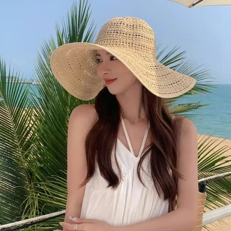 Oversized Brim Sun Straw Hollow Hat for Women Sunshade UV Protection-Summer Hats-Arimonz-Arimonz