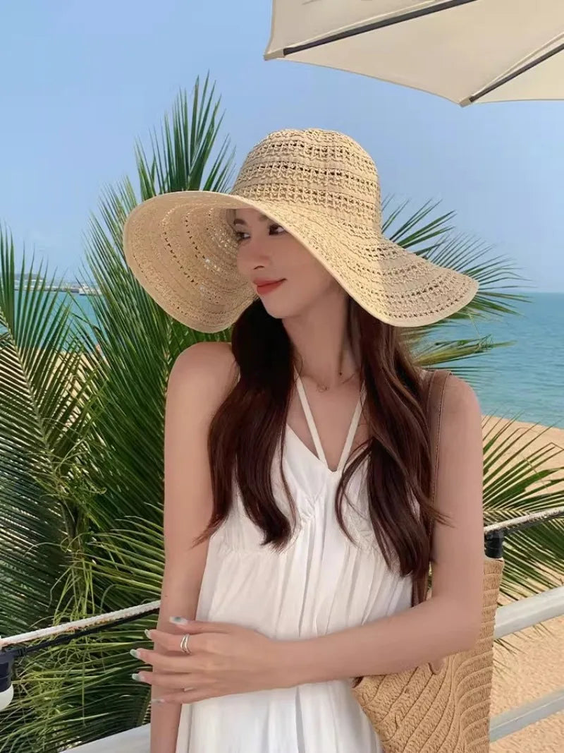 Oversized Brim Sun Straw Hollow Hat for Women Sunshade UV Protection-Summer Hats-Arimonz-Beige-56-58cm/22"-Arimonz