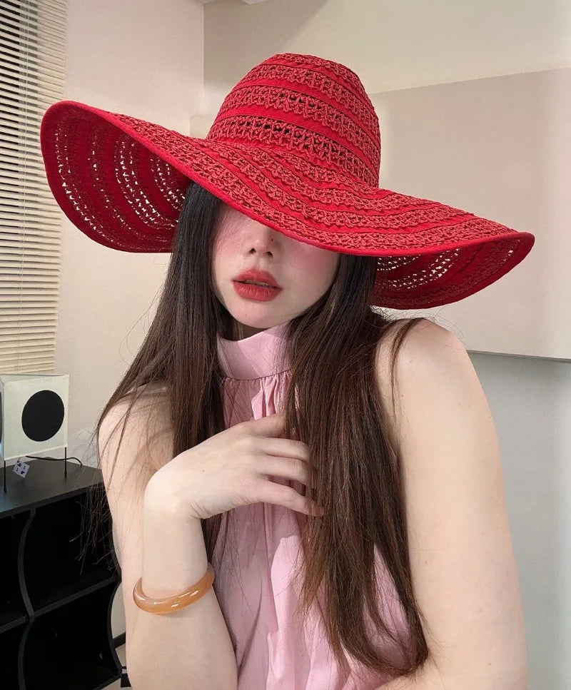 Oversized Brim Sun Straw Hollow Hat for Women Sunshade UV Protection-Summer Hats-Arimonz-red-56-58cm/22"-Arimonz