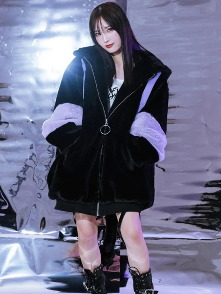 Oversized Faux Fur Coat Women Cute Fluffy Jacket Hoodie with Bunny Ear-Fuzzy Jackets-Arimonz-Arimonz