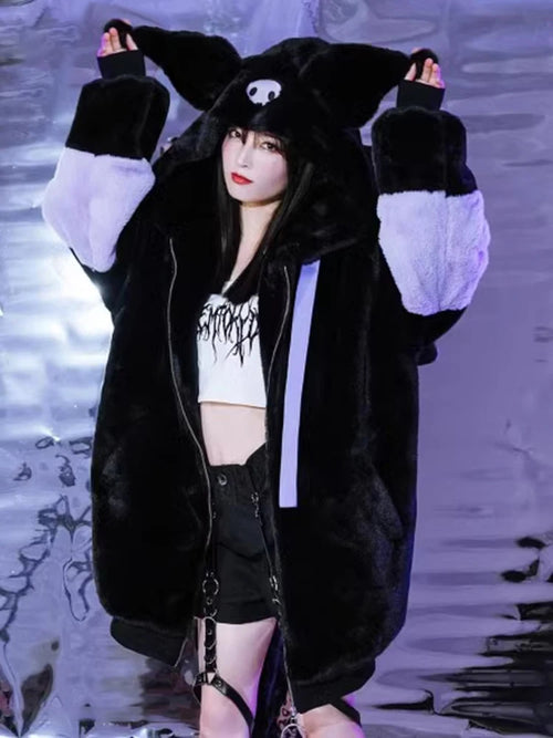Oversized Faux Fur Coat Women Cute Fluffy Jacket Hoodie with Bunny Ear-Fuzzy Jackets-Arimonz-Black-S-Arimonz