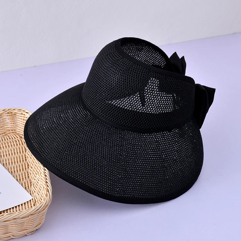 Oversized Floppy Large Brim Straw Hat Foldable Bowknot Protection Cap-Summer Hats-Arimonz-black-56-60cm/22-23"-Arimonz
