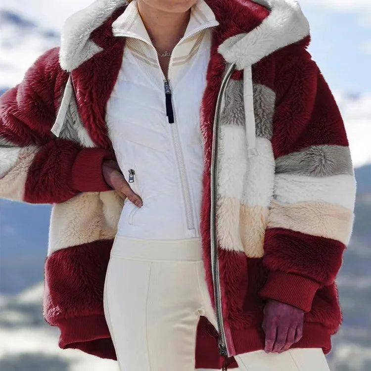 Oversized Plush Hooded Jacket Women’s Warm Winter Streetwear Coat-Fuzzy Jackets-Arimonz-Burgundy-S-Arimonz