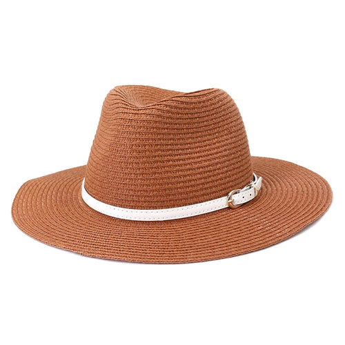 Panama Straw Hat with Belt Cowboy Style Men Women Summer Hat-Summer Hats-Arimonz-caramel color-58cm/22"-Arimonz