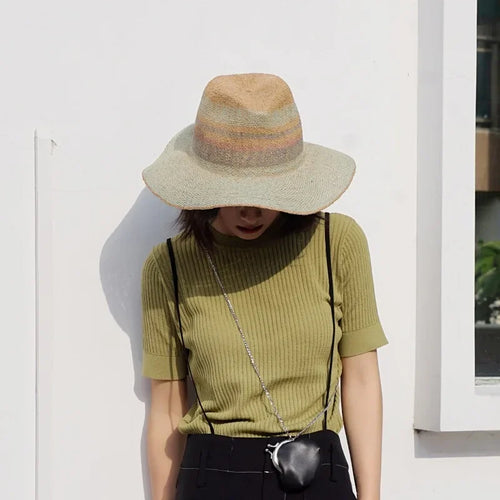 Panshi Handmade Paper Straw Sun Hat Fedora Jazz Wide Brim Beach Hat-Summer Hats-Arimonz-Arimonz