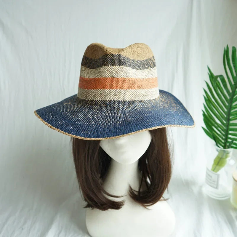 Panshi Handmade Paper Straw Sun Hat Fedora Jazz Wide Brim Beach Hat-Summer Hats-Arimonz-Blue and orange-M 56-58cm/22"-Arimonz