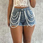 Pearl Rhinestone Chain Casual Denim Shorts Streetwear Summer Shorts-Denim Shorts-Arimonz-Arimonz