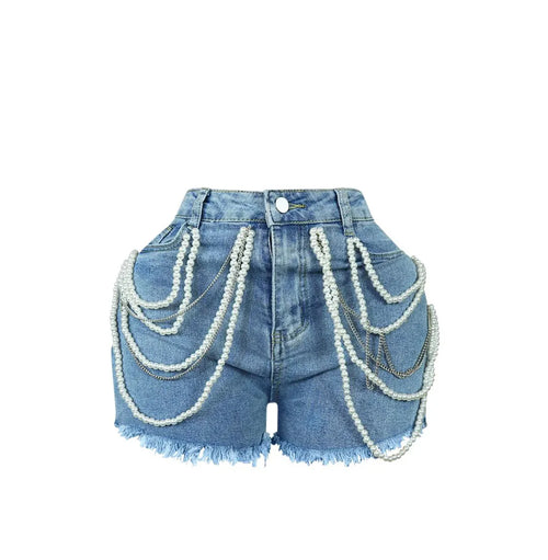 Pearl Rhinestone Chain Casual Denim Shorts Streetwear Summer Shorts-Denim Shorts-Arimonz-Blue-S-Arimonz