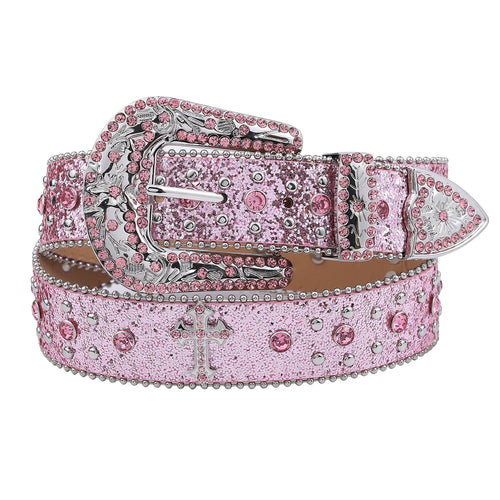 Pink Cross-rivet Rhinestone Belt Sparkles Rock Inlaid Leather Belt-Belts-Arimonz-Arimonz