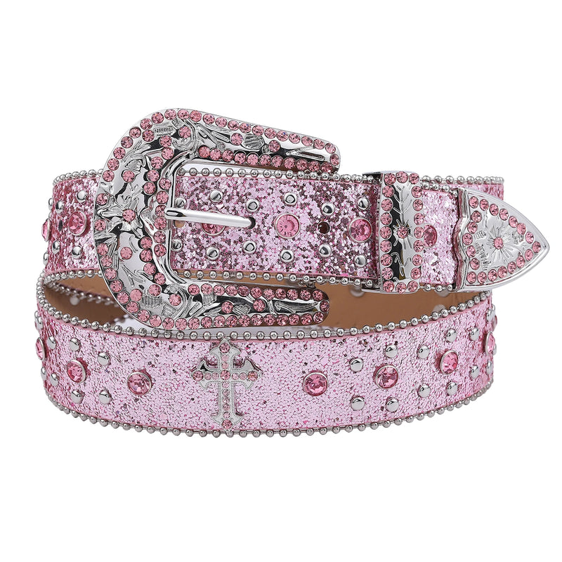 Pink Cross-rivet Rhinestone Belt Sparkles Rock Inlaid Leather Belt-Belts-Arimonz-Arimonz