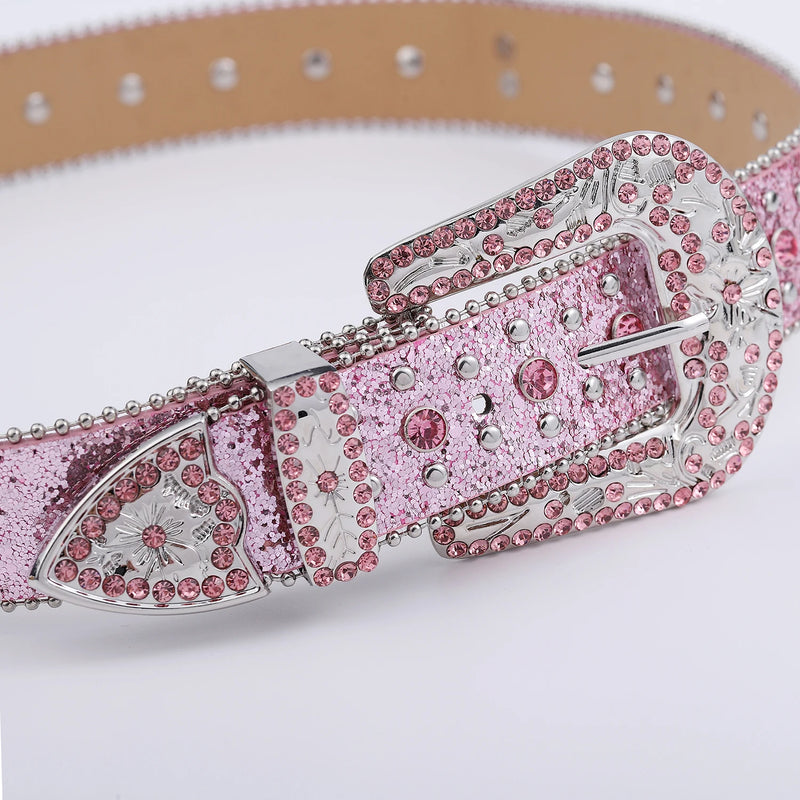 Pink Cross-rivet Rhinestone Belt Sparkles Rock Inlaid Leather Belt-Belts-Arimonz-Arimonz