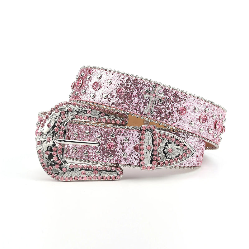 Pink Cross-rivet Rhinestone Belt Sparkles Rock Inlaid Leather Belt-Belts-Arimonz-Arimonz