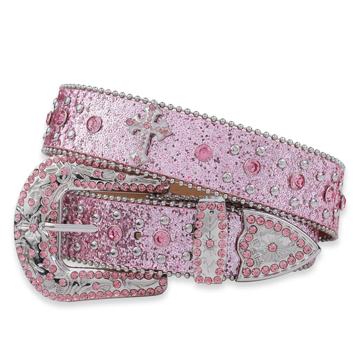 Pink Cross-rivet Rhinestone Belt Sparkles Rock Inlaid Leather Belt-Belts-Arimonz-Arimonz