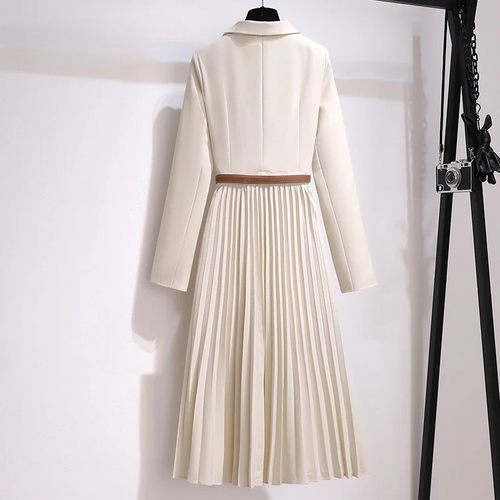 Pleated V-neck Long Sleeve Suit Dress With Belt Elegant Work Wear-Wear To Work Sets-Arimonz-Arimonz