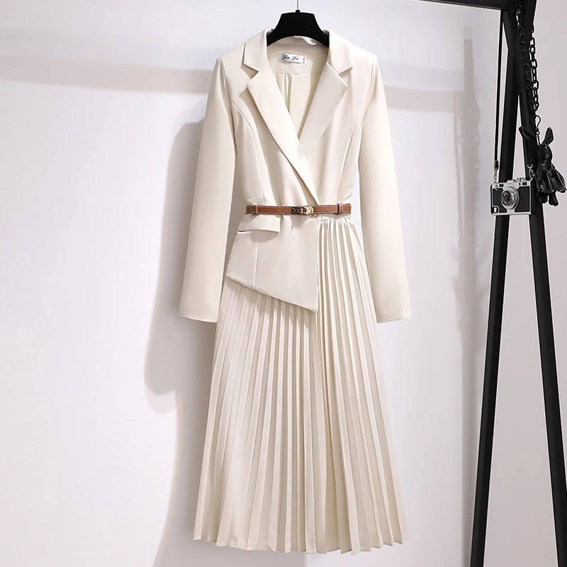 Pleated V-neck Long Sleeve Suit Dress With Belt Elegant Work Wear-Wear To Work Sets-Arimonz-Apricot-S-Arimonz