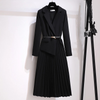 Pleated V-neck Long Sleeve Suit Dress With Belt Elegant Work Wear-Wear To Work Sets-Arimonz-black-S-Arimonz