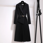 Pleated V-neck Long Sleeve Suit Dress With Belt Elegant Work Wear-Wear To Work Sets-Arimonz-black-S-Arimonz