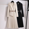 Pleated V-neck Long Sleeve Suit Dress With Belt Elegant Work Wear-Wear To Work Sets-Arimonz-Arimonz