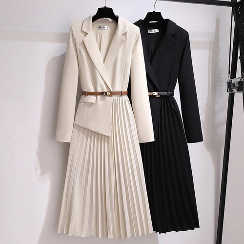 Pleated V-neck Long Sleeve Suit Dress With Belt Elegant Work Wear-Wear To Work Sets-Arimonz-Arimonz