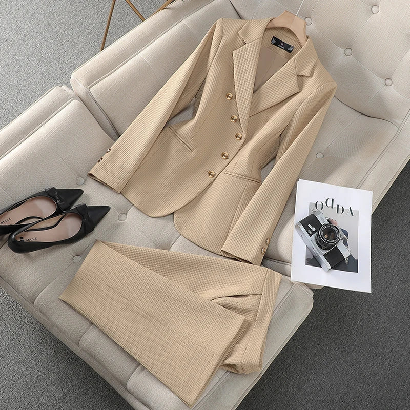 Plus Size Jacket Trouser Formal Office Single Breasted Blazer Pants Set-Wear To Work Sets-Arimonz-Khaki Coat and Pants-S(US-4)-Arimonz