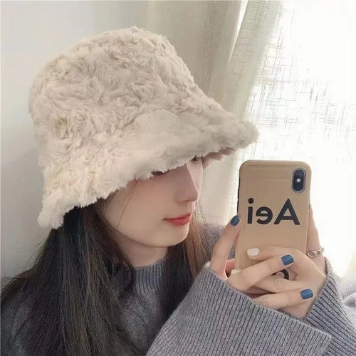 Plush Soft Ruffle Winter Warm Bucket Hat Lotus Leaf Women Outdoor Cap-Bucket Hats-Arimonz-Arimonz