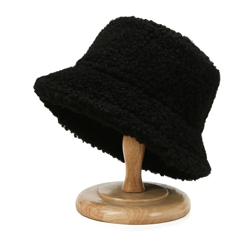 Plush Soft Ruffle Winter Warm Bucket Hat Lotus Leaf Women Outdoor Cap-Bucket Hats-Arimonz-Black-3-22in-Arimonz