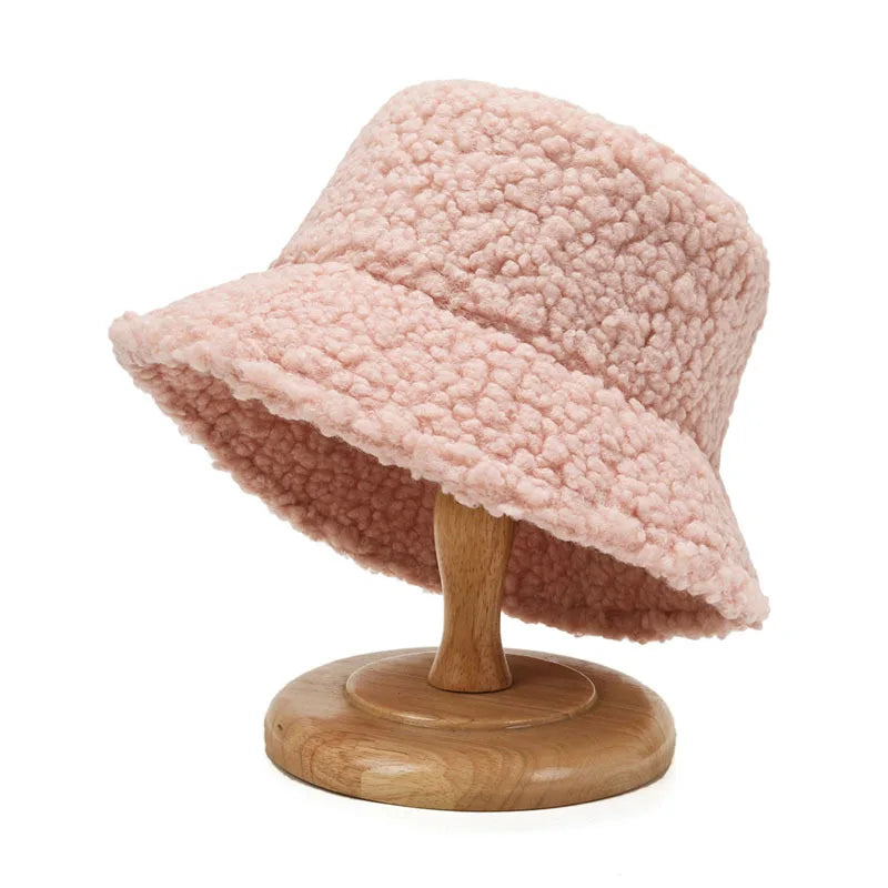 Plush Soft Ruffle Winter Warm Bucket Hat Lotus Leaf Women Outdoor Cap-Bucket Hats-Arimonz-Pink-3-22in-Arimonz