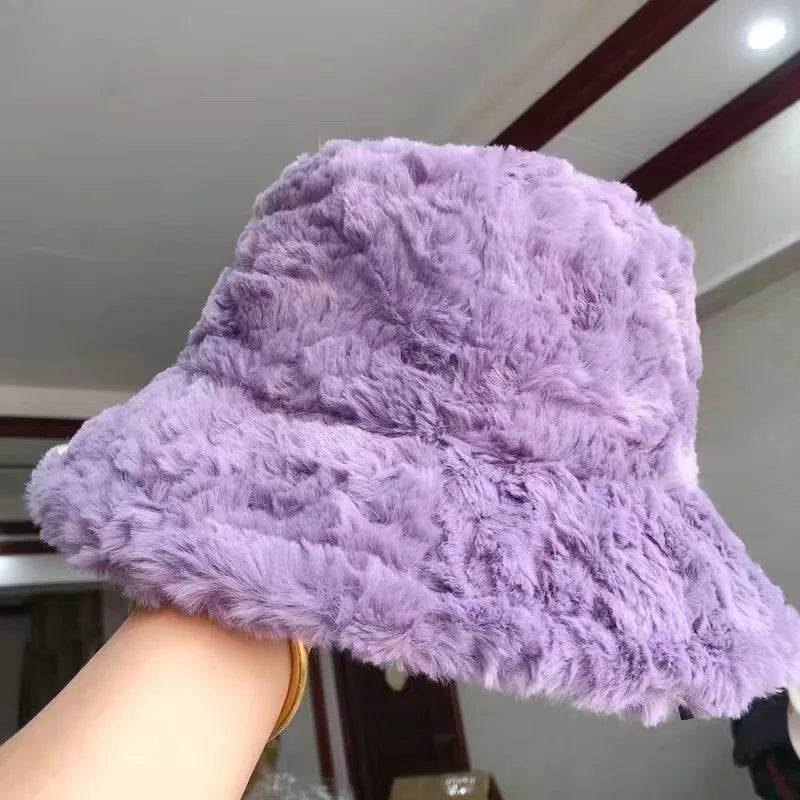 Plush Soft Ruffle Winter Warm Bucket Hat Lotus Leaf Women Outdoor Cap-Bucket Hats-Arimonz-Purple-22in-Arimonz