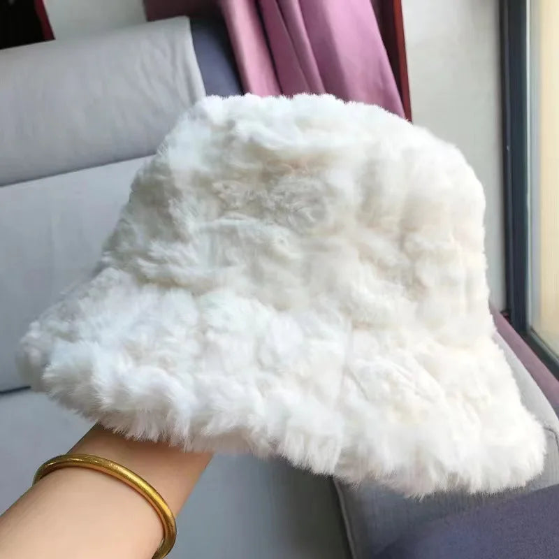 Plush Soft Ruffle Winter Warm Bucket Hat Lotus Leaf Women Outdoor Cap-Bucket Hats-Arimonz-White-22in-Arimonz