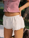Polyester Lace Trim Elastic Waist Short with Floral Embroidery Detail-Shorts-Arimonz-Arimonz